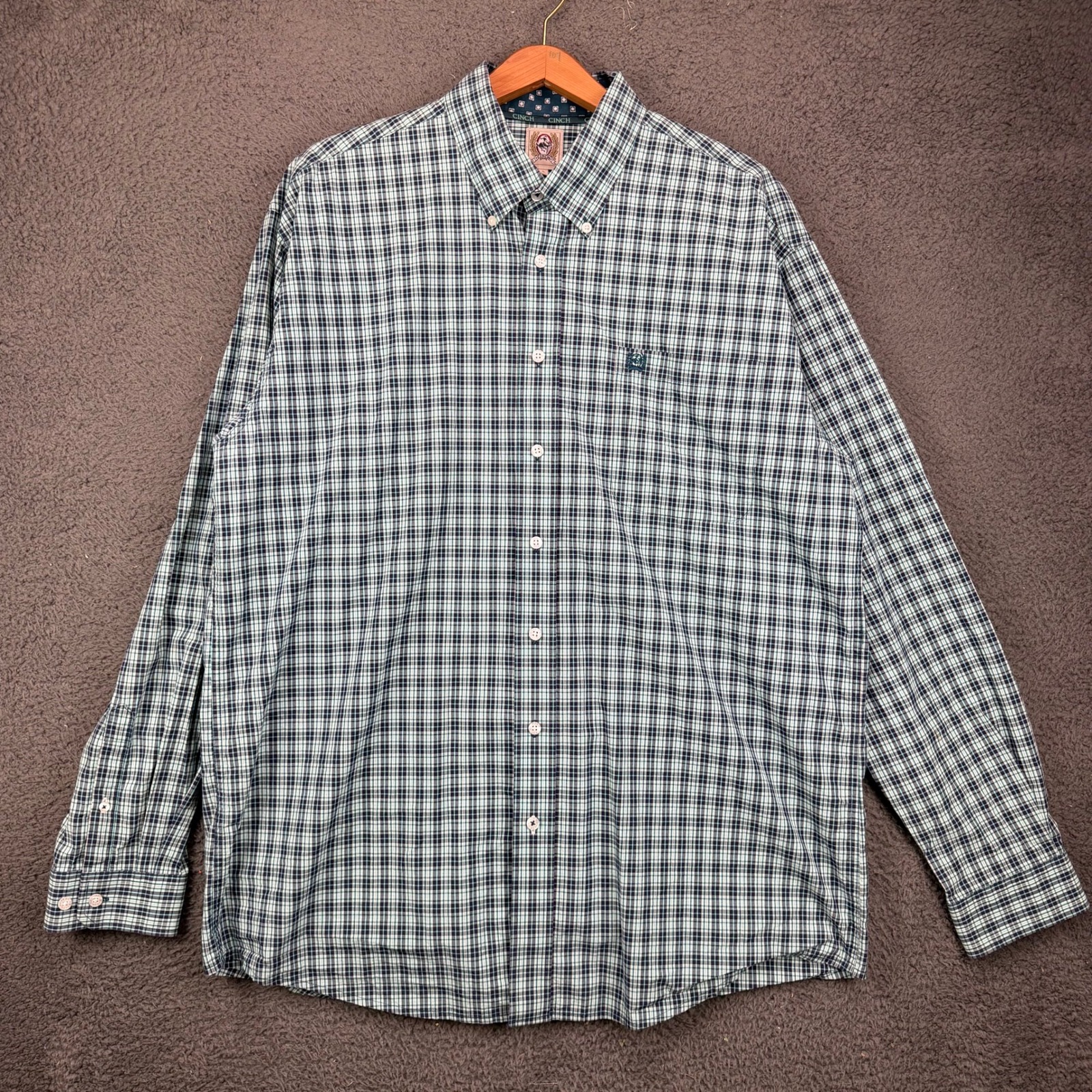 Cinch Mens Large Long Sleeve Button Down Shirt Mint Green Navy Blue Plaid